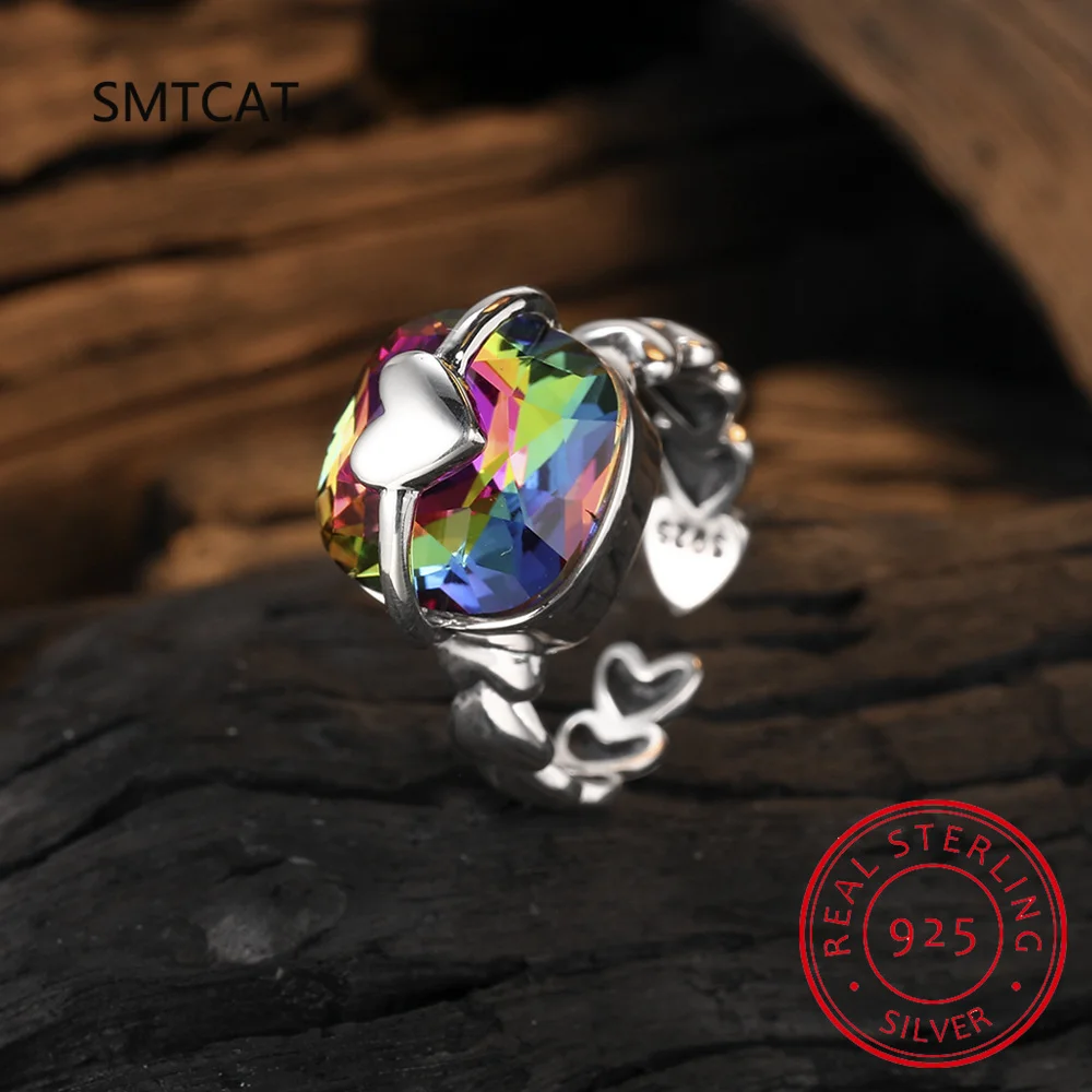 

Квадратное кольцо принцессы огранки из натурального радужного мистического кварца, стерлинговое серебро 925 пробы, штабелируемое регулируемое кольцо в форме сердца для женщин, ювелирные изделия из драгоценных камней