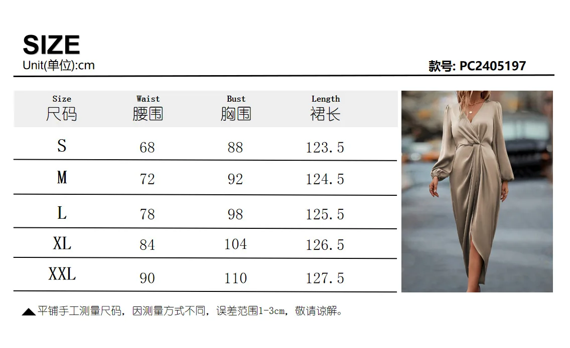 Sukienka satynowa damska 2025, jednolita, drapowana, jedwabna, z dekoltem w serek, satynowe długie rękawy, sukienka midi na wieczorne przyjęcie, do biura, seksowna, elegancka.