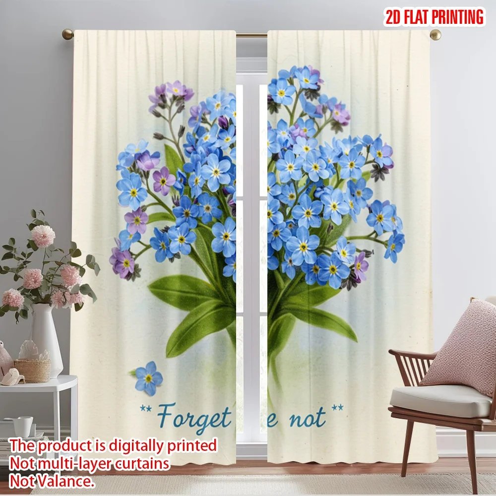 

2pcs 2D flat printing Curtains Forget Me Not Bouquet Fabric Without Electricity Holiday Decorations Use for Door Wall Yard