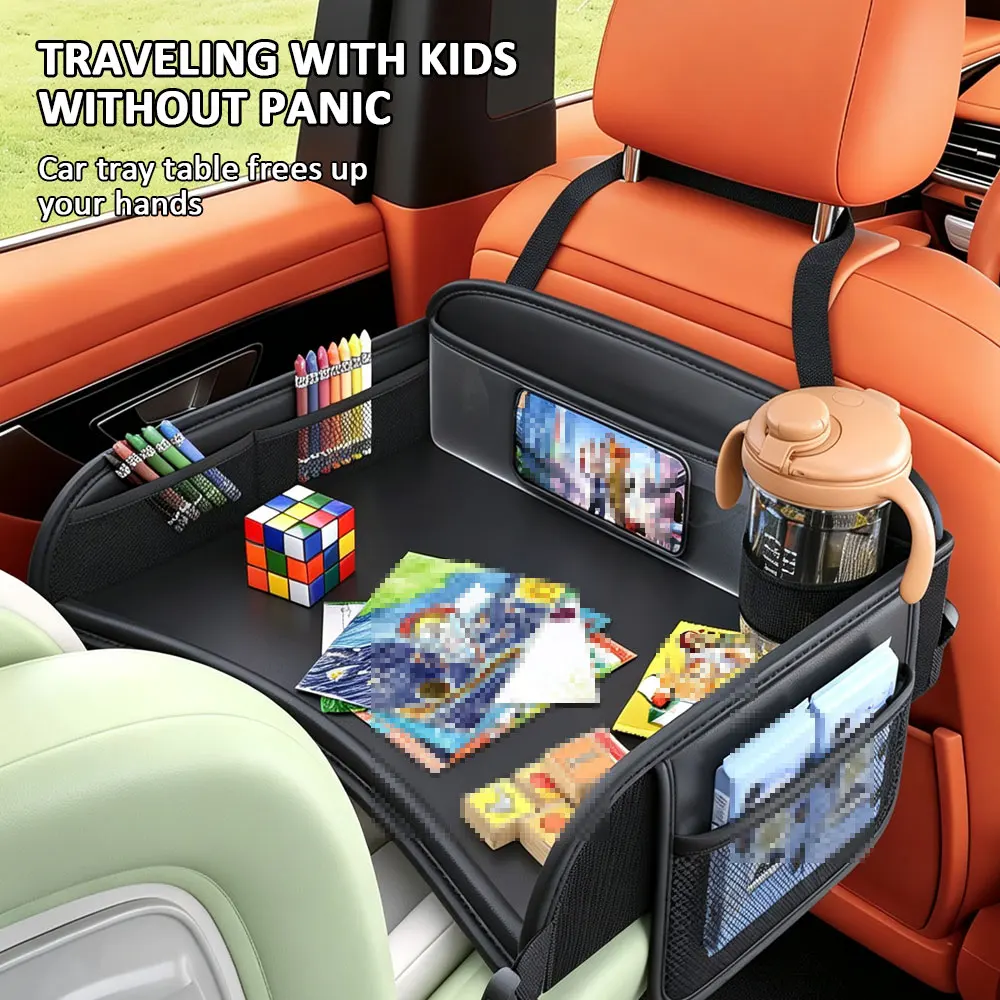 Mesa dobrável para refeições e desenhos, ideal para crianças, à prova de água, para colocar no banco traseiro do carro, para uso com cadeirinhas de segurança infantil, com vários compartimentos de armazenamento.
