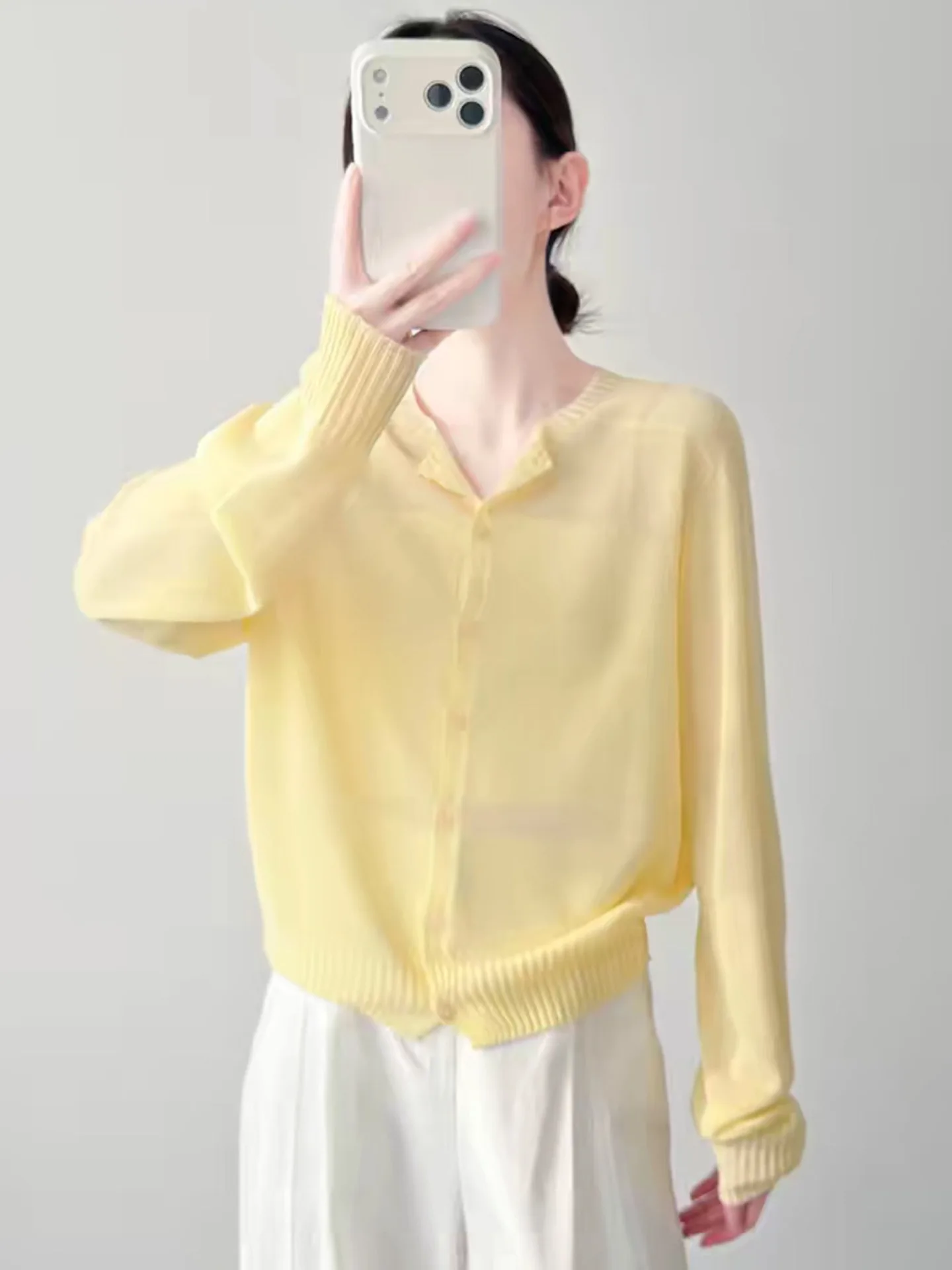Yellow Lightweight Seamless Knitted Long Sleeve round Neck Open Cardigan Women's Autumn Cool Silk Outerwear Sun Protection Ai...