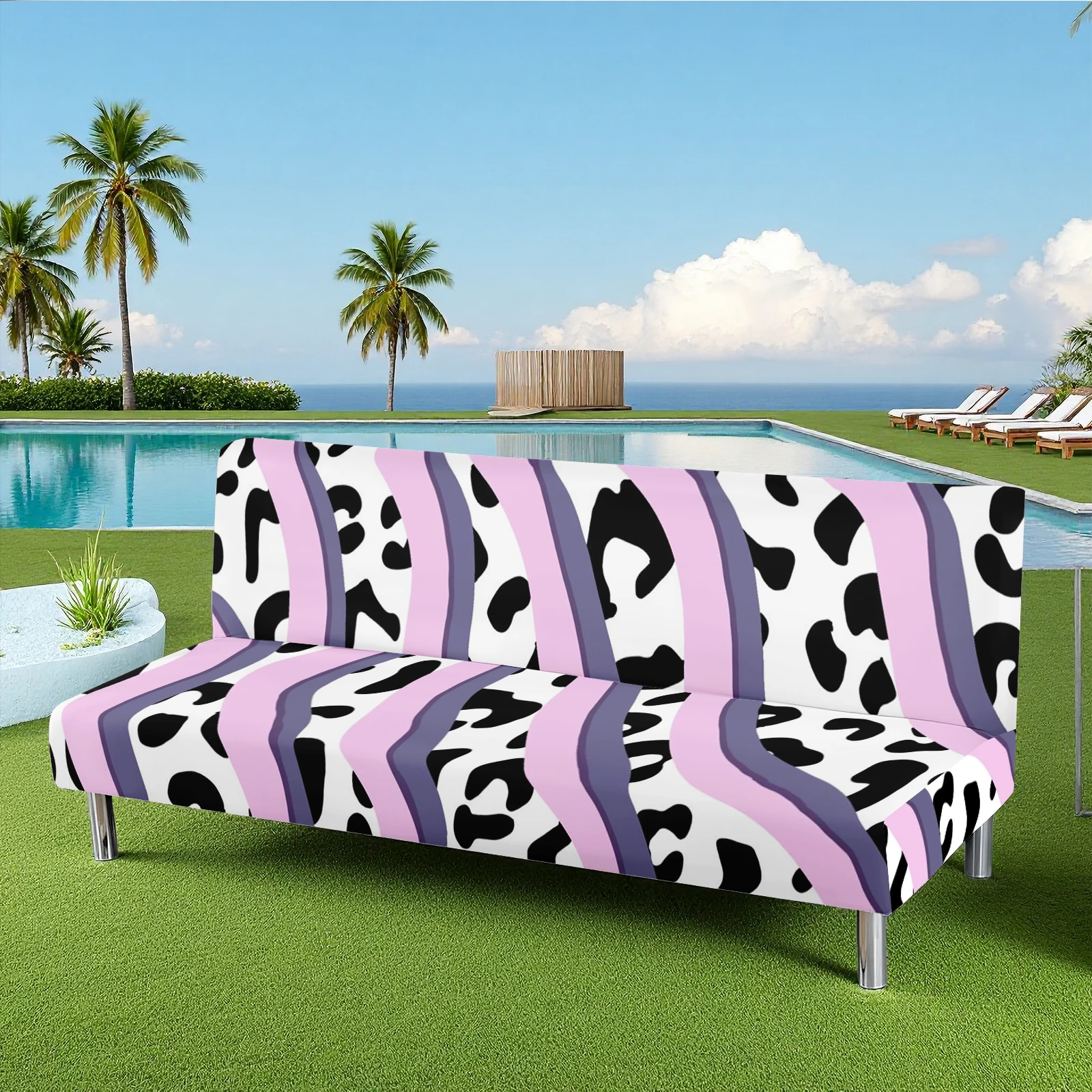 Cow Print & Pink Striped Summer Outdoor Futon Cover, Milk Silk Elastic Sofa Slipcover, Pet - Friendly, Was
