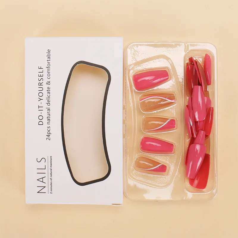 24pcs Rose Red Silver Powder Stripes Almond French Style Press on Nails Pink 3D Fake Nails Full Cover Wearable False Nails