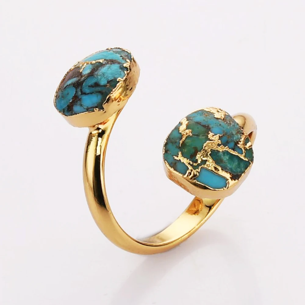 BOROSA Golden Color Druzy Natural Blue Stone Open Ring Fashion Copper Turquoise Adjustable Rings for Women Wedding Jewelry Gifts