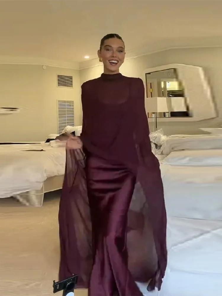 

Elegant Solid Satin Chiffon Prom Dress Women Fashion Sheer Cape High Neck Long Sleeve Evening Gowns 2026 Spring Party Vestidos