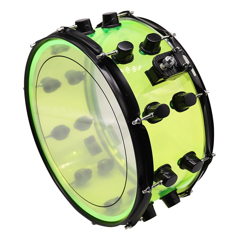 13 Inch Diameter 7 Inch Depth Acrylic Snare Drum Green with Black Color Iron Hoop and Metal One Side Drum Lug