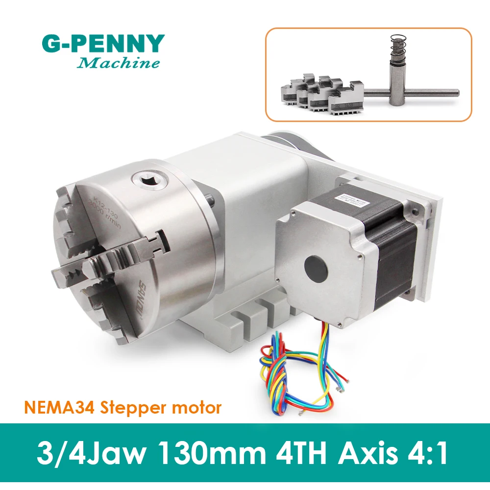 

Машина G-PENNY, 4-я ось, делительная головка, 3/4 челюсти, 130 мм/ось вращения/комплект оси, передаточное число 4:1 с шаговым двигателем Nema34