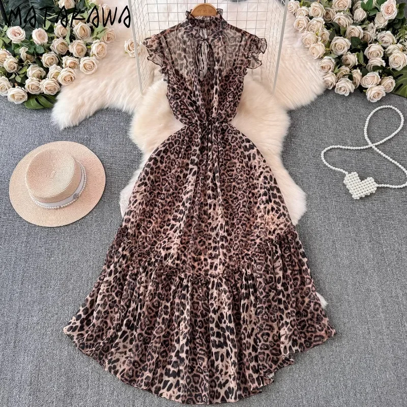 

Matakawa Leopard Chiffon Dresses Women Ruffles Spring Summer Beach Style Vestidos Mujer Korean Fashion Retro A-line Long Dress