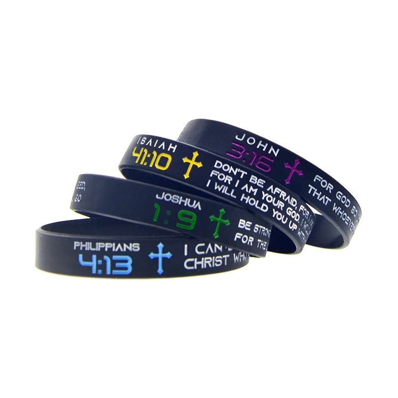 

50 Pcs Jesus Silicone Rubber Wristband ISAIAH 41:10 JOSHUA 1:9 PHILIPPIANS 4:13 JOHN 3:16 Christian Bracelets Black