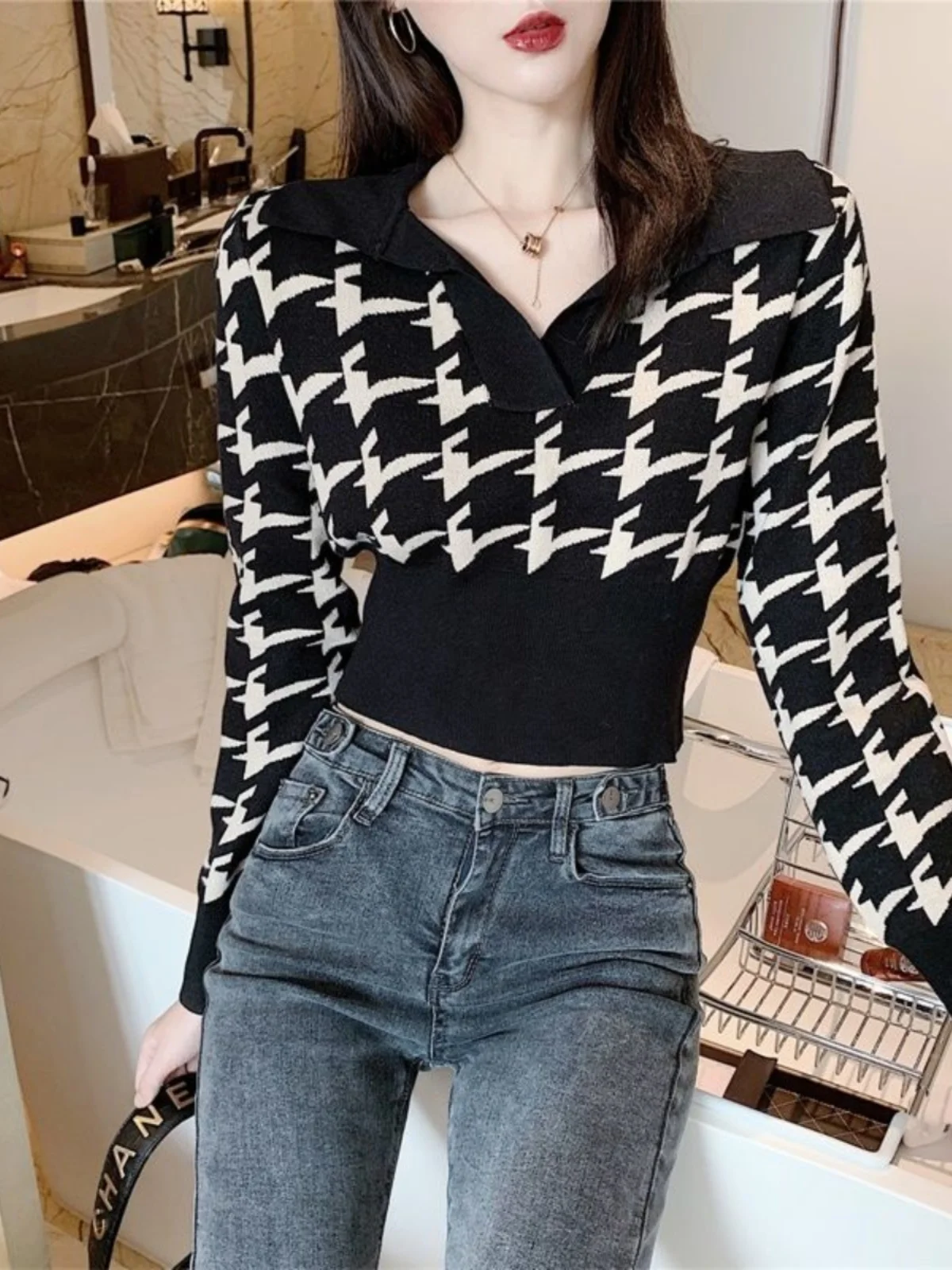 

Ele клетчатый свитер женский осенне-зимний облегающий свитер с завязками на талии Sweet Spicy V Ne Base irt Faionable Commute