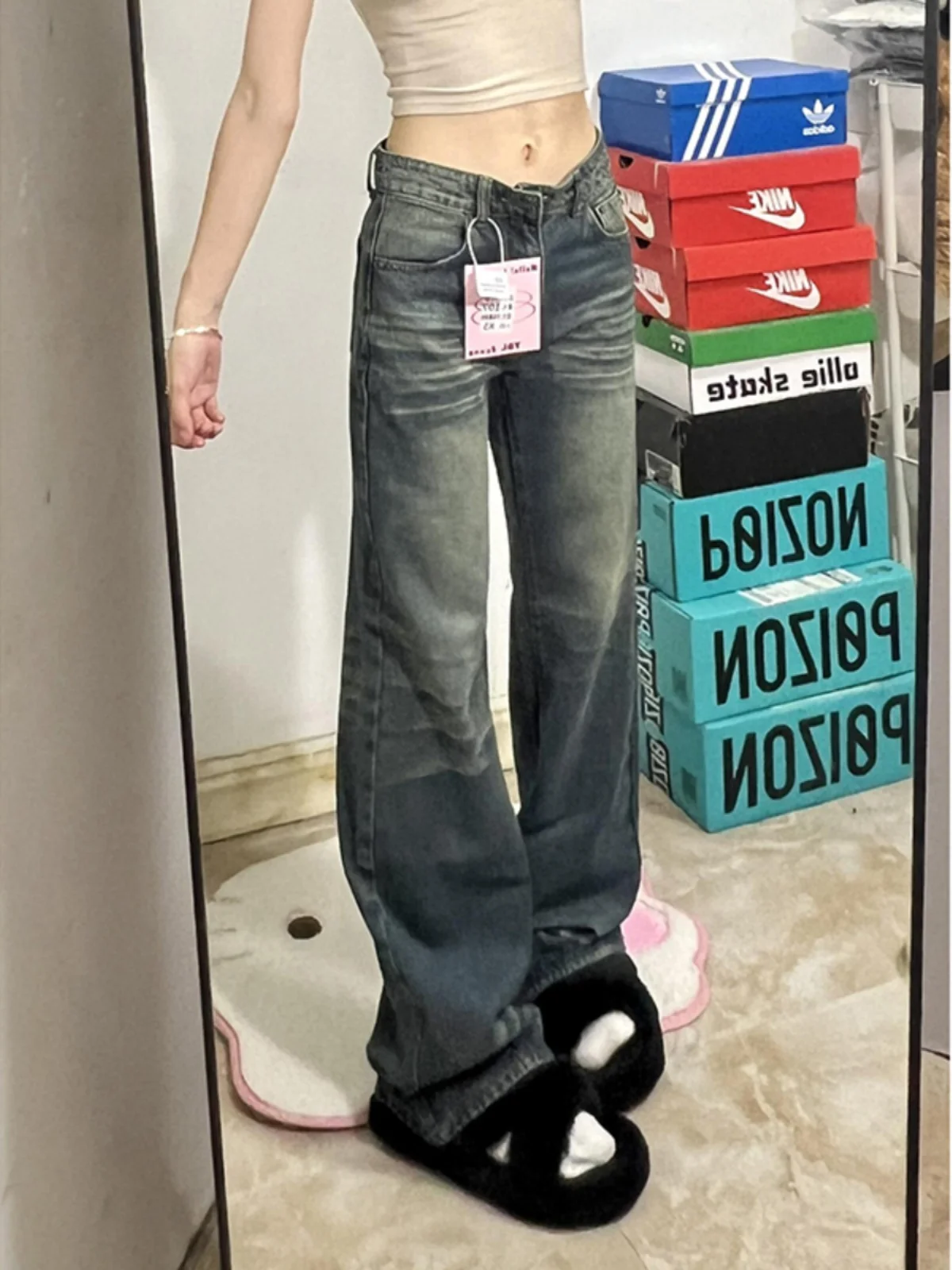 

Американские джинсы с низкой талией и высокой посадкой, прямые джинсы, женские 75, удлиненные винтажные свободные утягивающие джинсы с широкими штанинами для девочек...