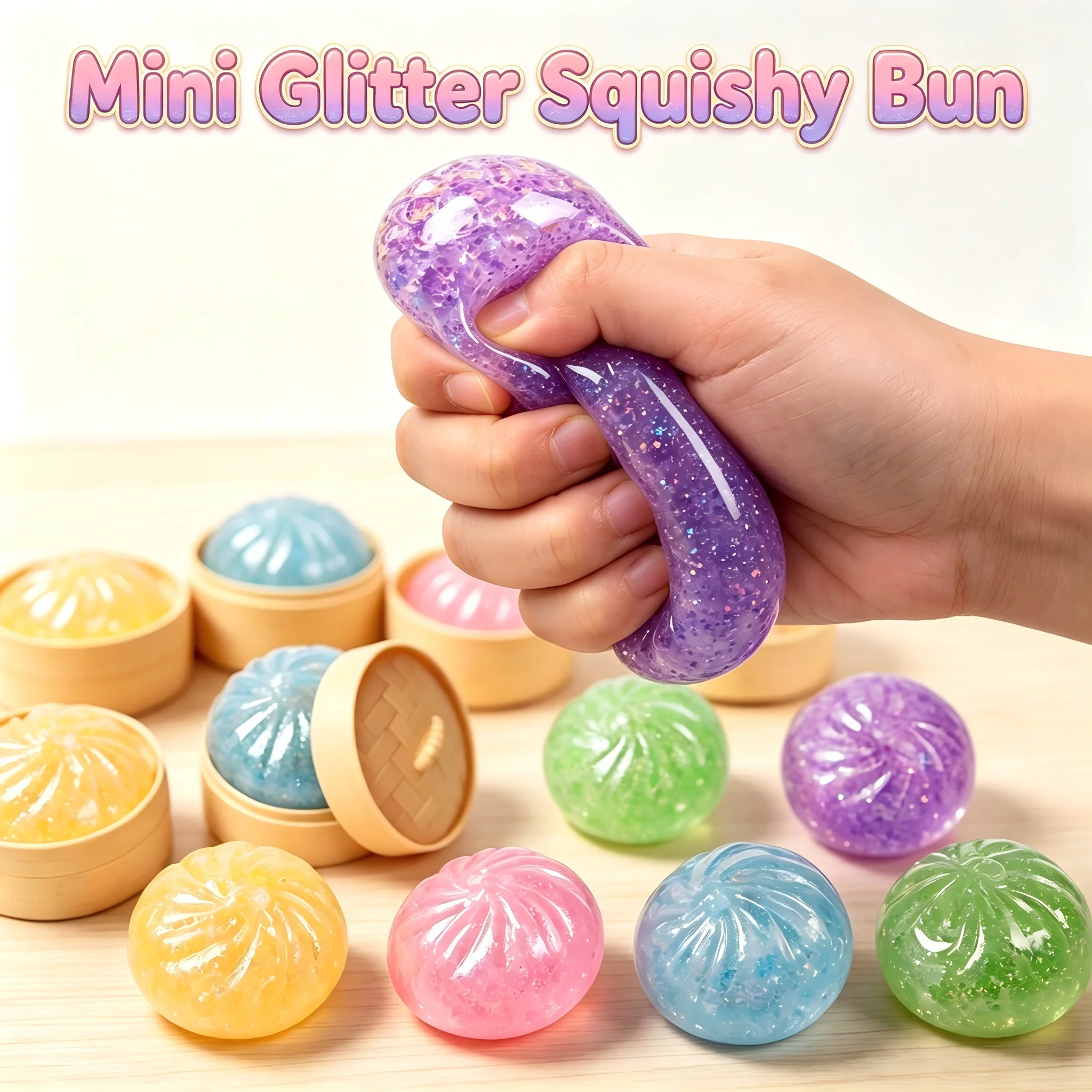 Mini Glitter Squishy Bun Fidget Toy Realistic Steamed Bun Squeeze Stress Relief Ball  Shiny Dumpling Sensory Decompression Toy