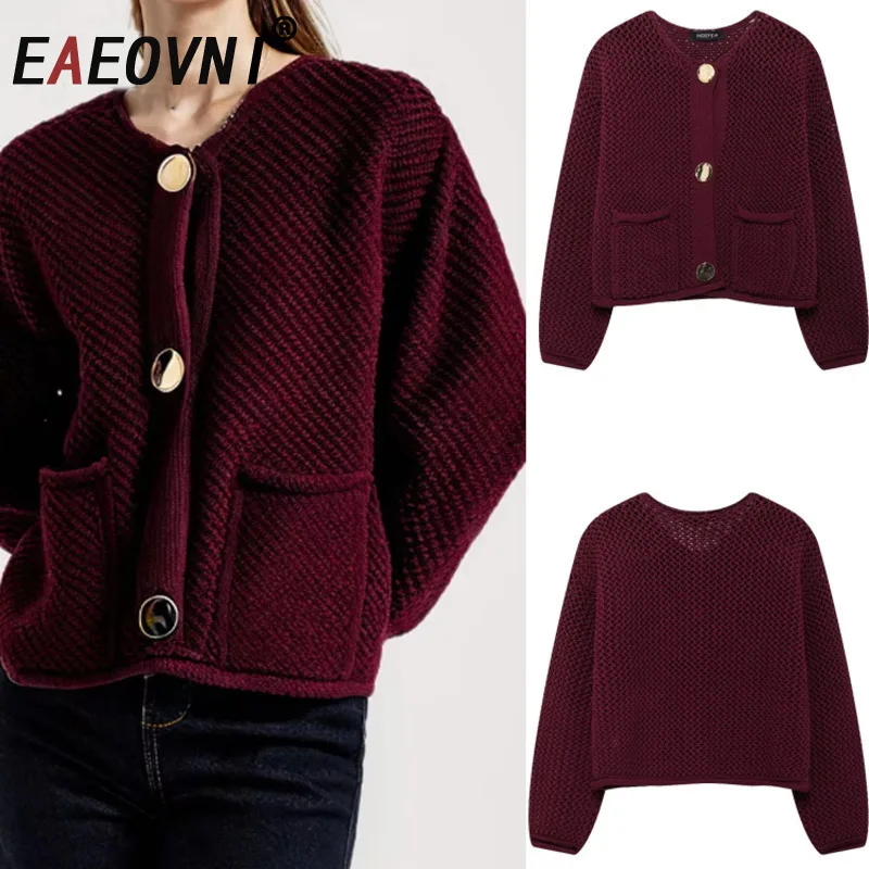 

EAEOVNI красный вязаный ажурный свитер пальто женский с круглым вырезом и длинными рукавами на пуговицах дизайн топы кардиган осень-зима новая одежда