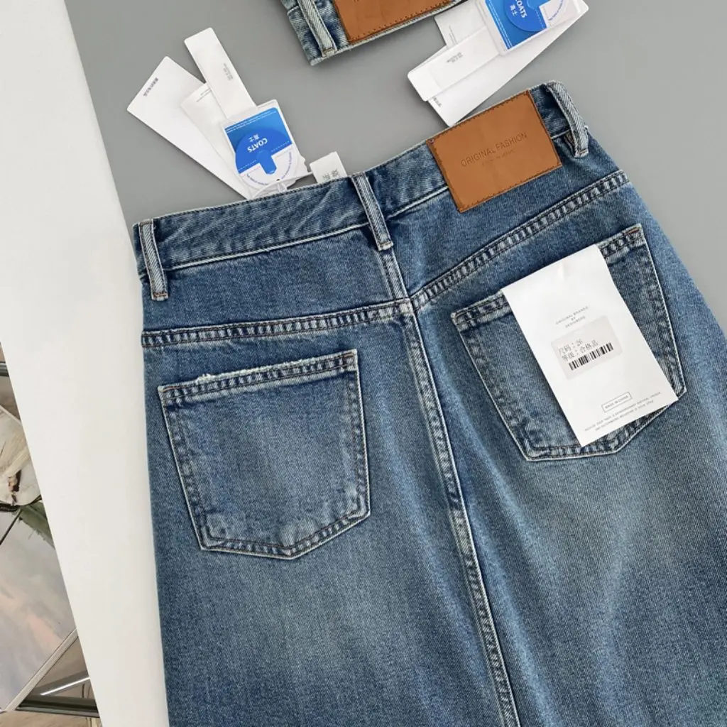 Far Chao Retro mittellanger Jeansrock mit hoher Taille, geteilter Schritt vorne, unbesiegbare Textur, Damenmode, Marktartikel