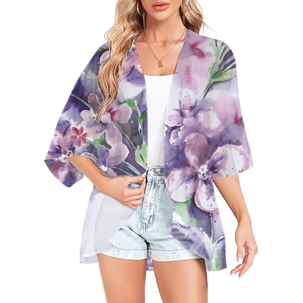 Women's Summer Short Watercolour Rose 3D Printed Kimono Cardigan Boho Chiffon Beach Blouse Beachwear Split Swimwear Holiday Top