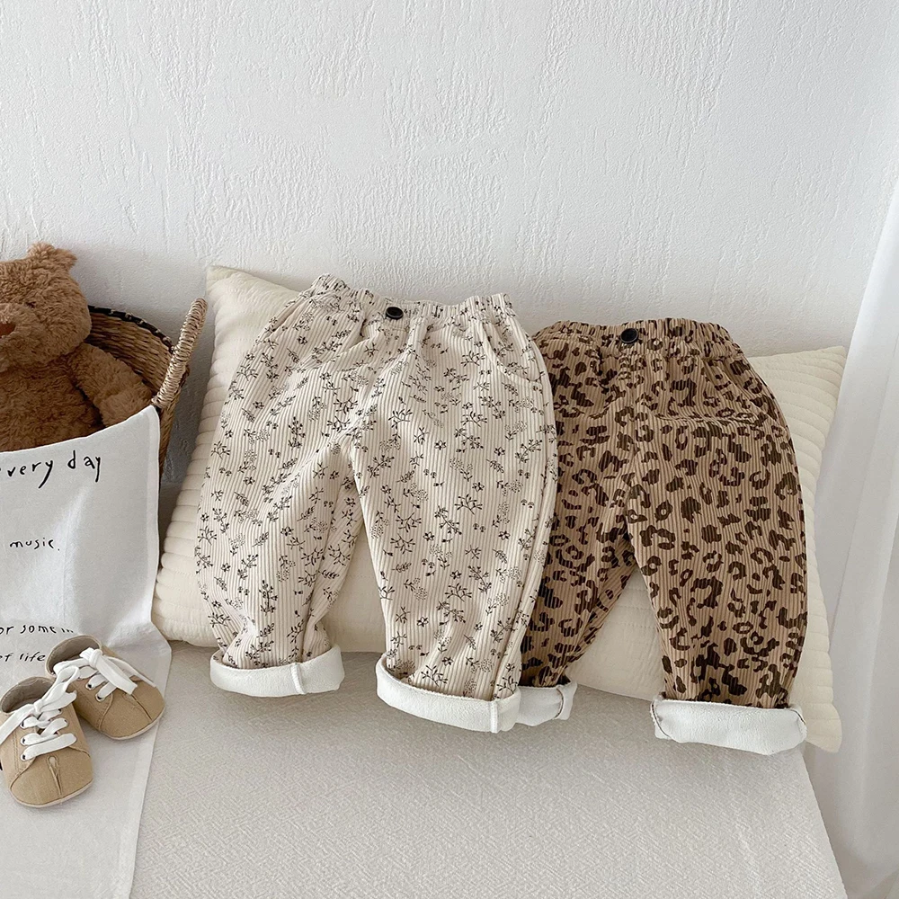 MILANCEL 1-5Y Autumn Kids Baby Pants Thicken Fleece Lining Floral Girls Trousers Warm Fashion Leopard Print Boys Pants Outwear