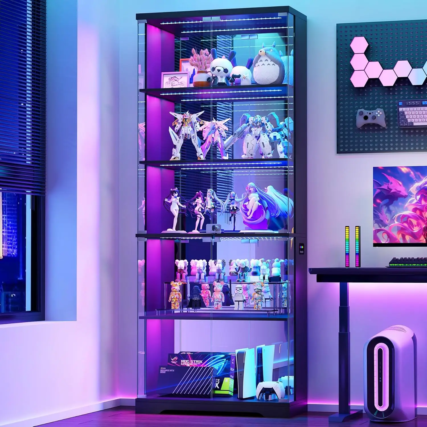 Glass Display Cabinet with Doors and RGB LED Lights | 69" Tall Curio Cabinet, 5-Tier Wooden Shelves, Lockable Display, Custom