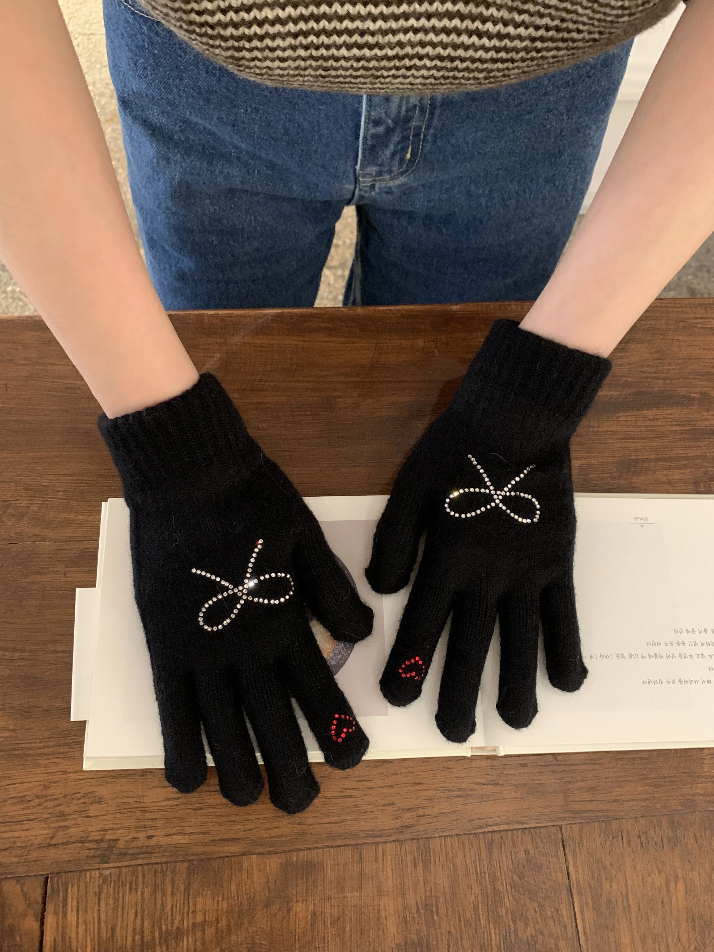 Touch Screen Wool Knitted Bow Gloves  Autumn and Winter Cycling Warm Tide South Korea Open Finger Gray