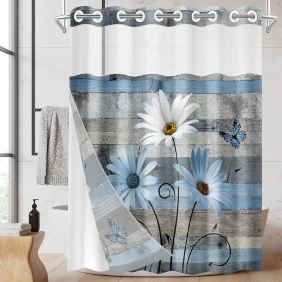 

No Hook Blue Daisy and Butterfly Shower Curtain with Snap in Fabric Liner Set Rustic Farmhouse Double Layers Waterproof Fabric