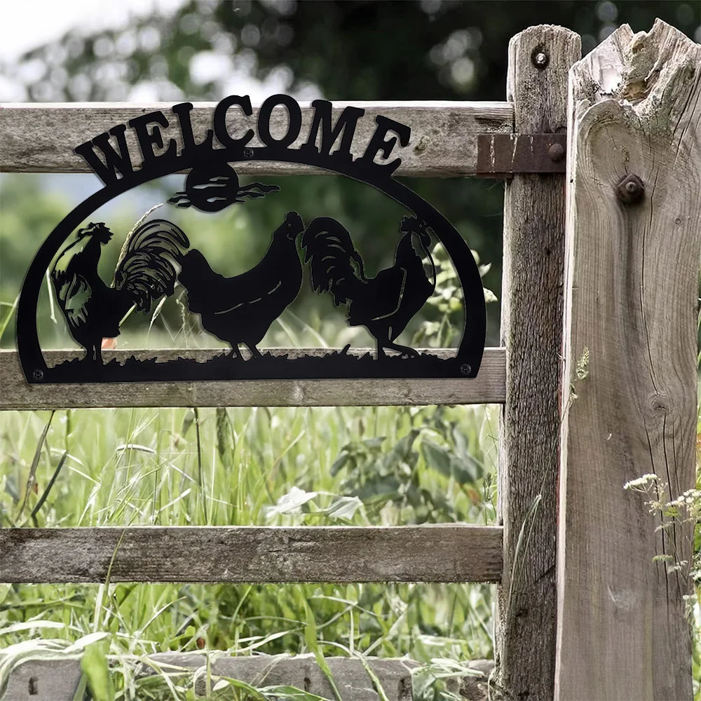 

Welcome With Chickens Metal Sign Whimsical Farmhouse Decor Farm Art Wall Easy Install Outdoor Decoration Gifts