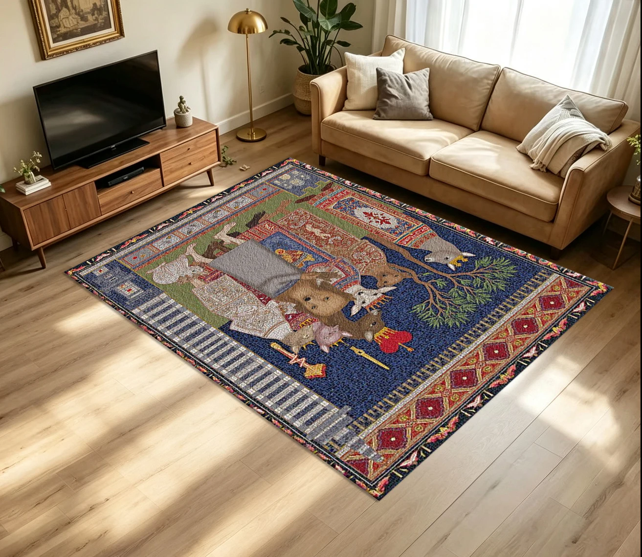 Medieval Mosaic Animal Figure Carpet Flooring Retro Antique Art Printed Floor Rug for Living Room Household Home Decoration