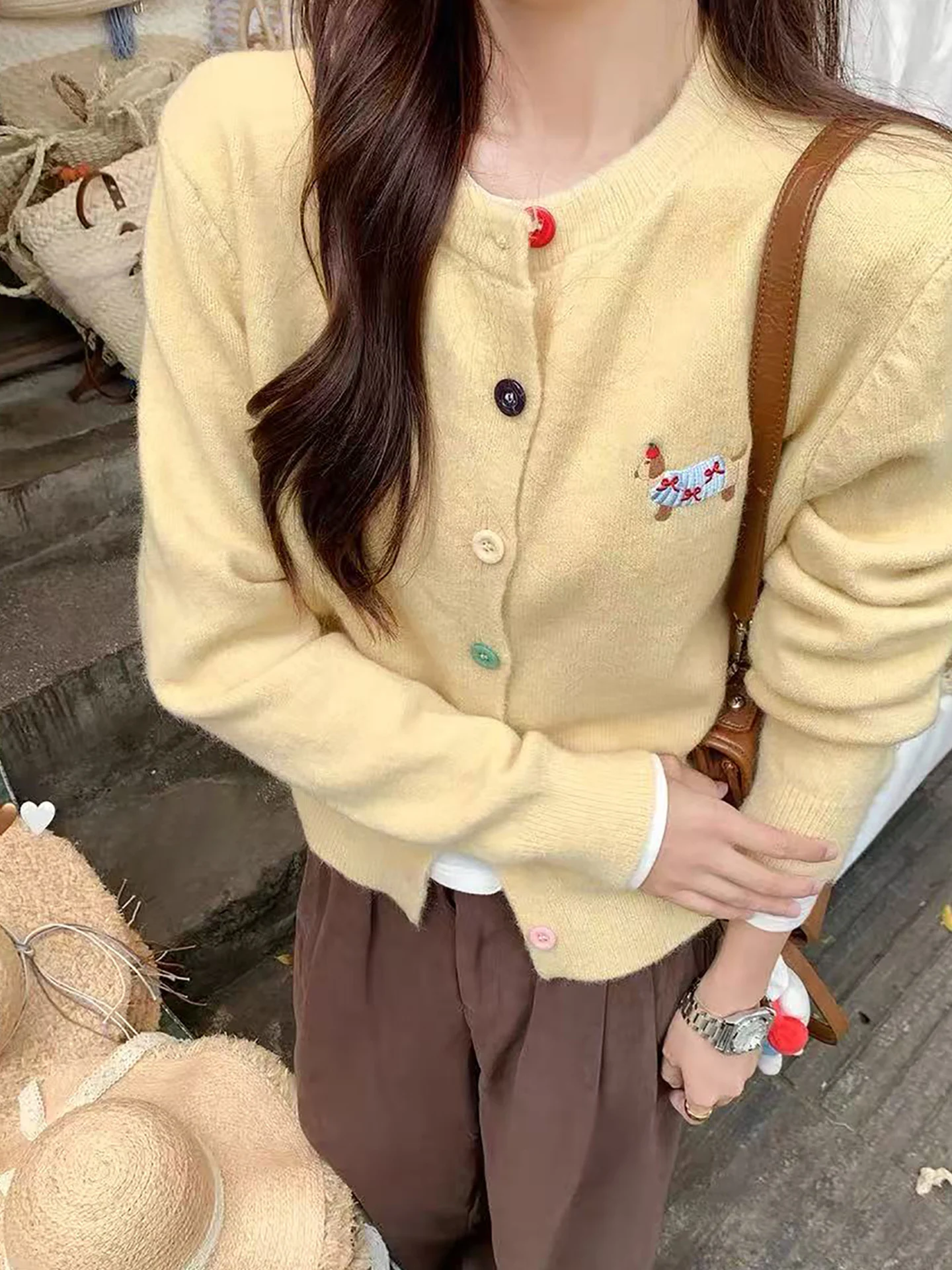 

Уникальный вязаный кардиган с желтой колбасой Dog Long Sve, женский осенне-зимний свитер Lazy Sle Jaet ort Top Sweet Sle ...