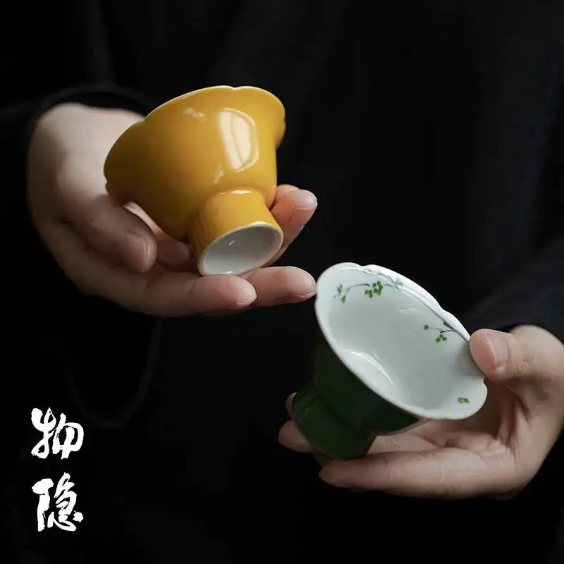 Wuyintang zhehuang Underglaze Color Hand Painted Flower Mouth Imitation Song Dynasty High Footed Scholar Style Ceramic Tea Cup