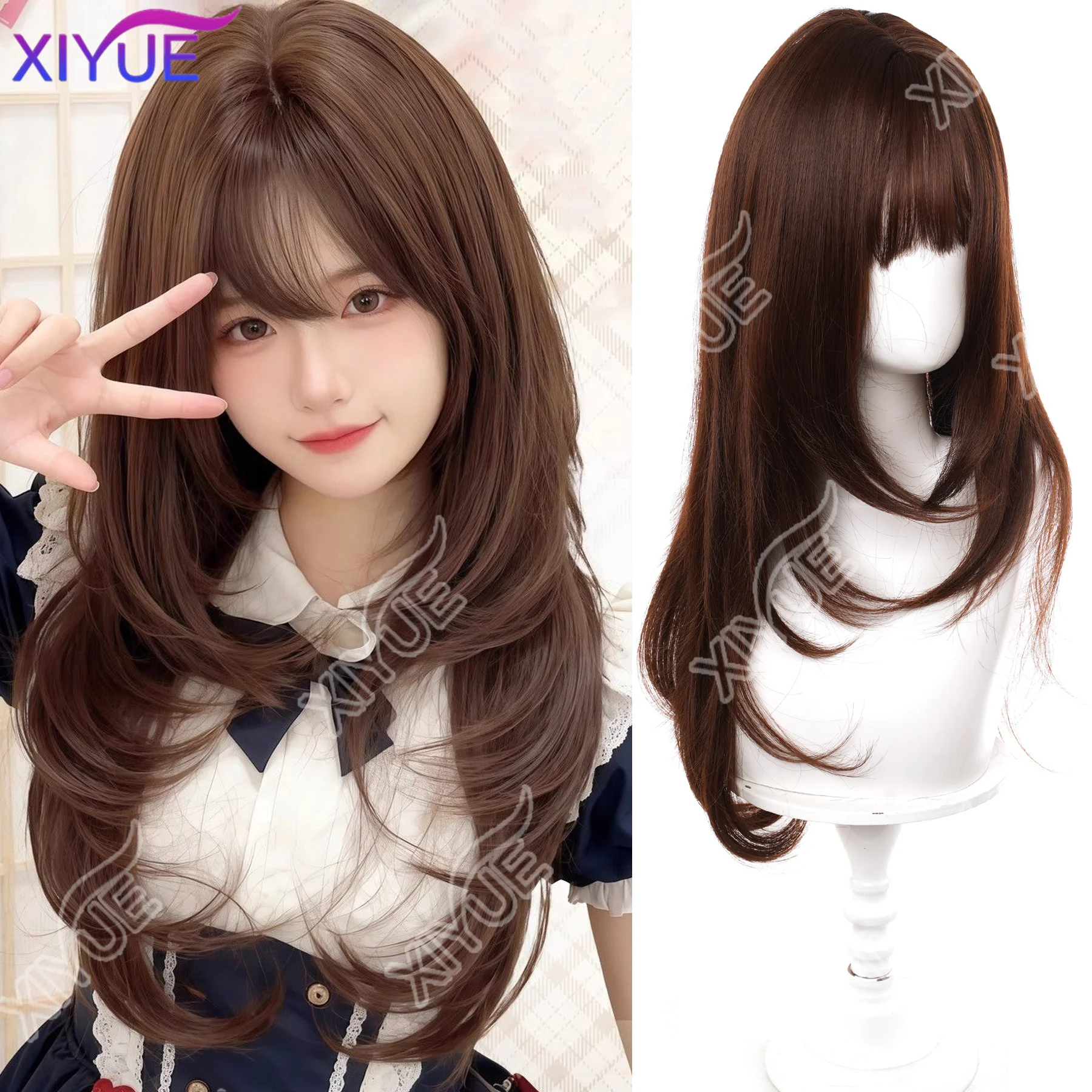 XIYUE Synthetic Wig with side-swept Bangs Brown Wigs for Women,Layered Heat Resistant Synthetic Wigs for Daily Use