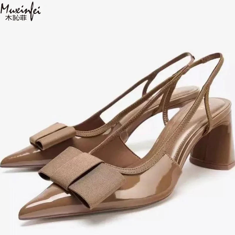 

Summer new women's shoes with black bow decoration, exposed heels, thick heels, pointed high heels, shallow sandals