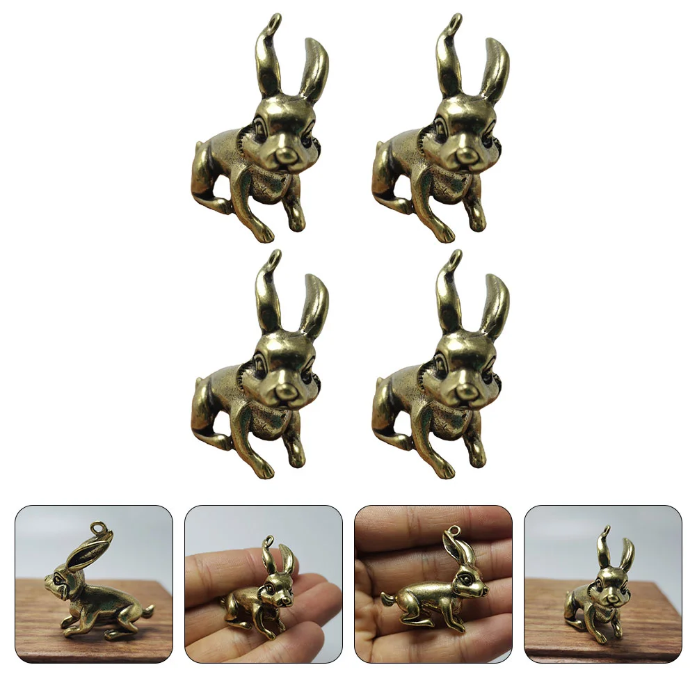 4 Pcs Brass Bunny Keychain Keyring Pendant Hanging Ornaments Rabbit Charms Pendants Desktop Adorn DIY Crafts