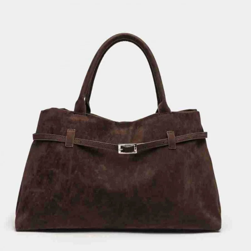

Vintage Suede Handbag Brown Matte Finish Classic Tote with Lock Design Large Capacity Commuter Bag for Women