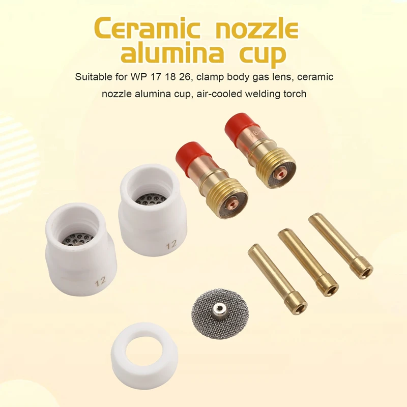 12 White Ceramic Nozzle Alumina Cup Kit Torches For WP 17 18 26 Stubby Collets Body Gas Lens Sets 1.6Mm