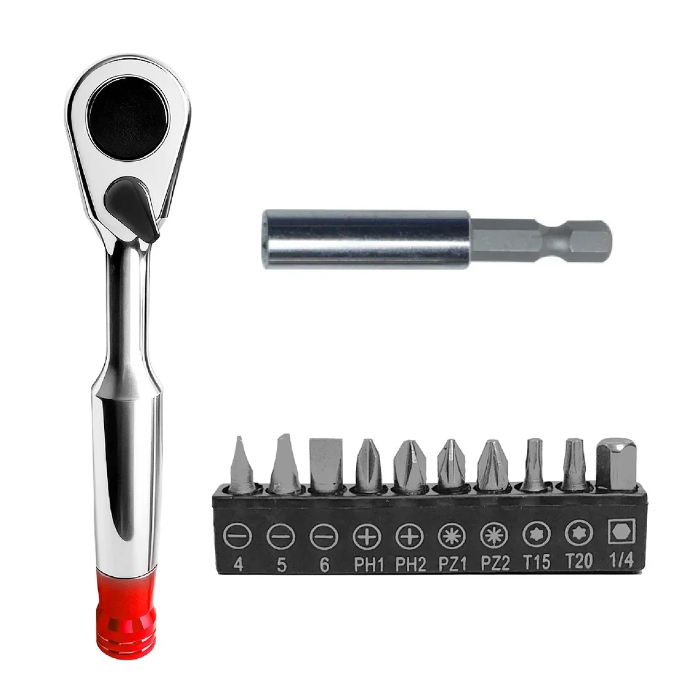 

Набор: Торцевой ключ-трещотка 1/4 дюйма с 72 зубьями, 10 бит, удлинитель и двусторонняя функция для механических регулировок