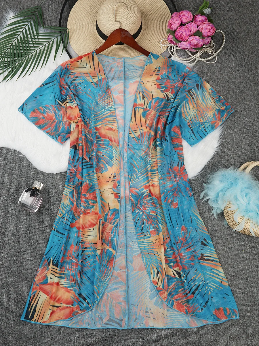 2024 Large Plus Size Print Beach Cover Up Short Sleeve One Piece Kimono Women Swimwear Female Bathing Suit Beachwear Swimming