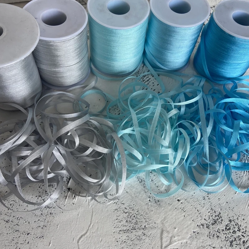 

New 4mm 50M Silk Ribbon Set for Embroidery Blue and sliver