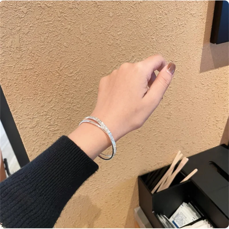 999 Sterling Silver Double Interlocking Bangle for Women Shiny Crushed Ice Surface Cuff Bracelet Minimalist Stackable Fine Jewel