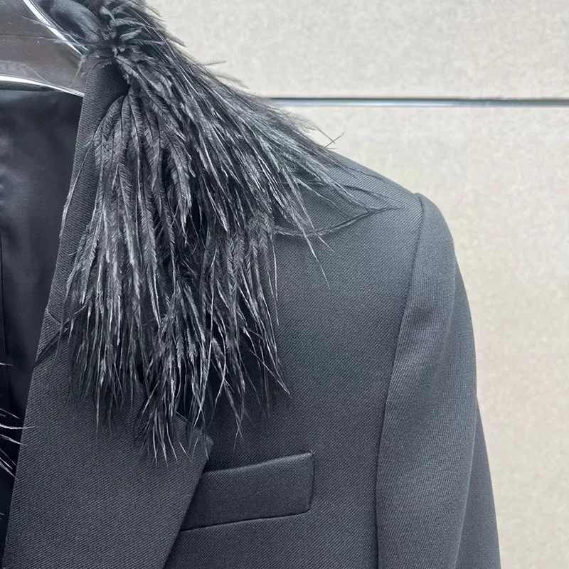 Blazer met struisvogelverenkraag voor dames, getailleerd jasje, premium zwart high-street pak, lente 2026 nieuw binnen, Y2K-stijl