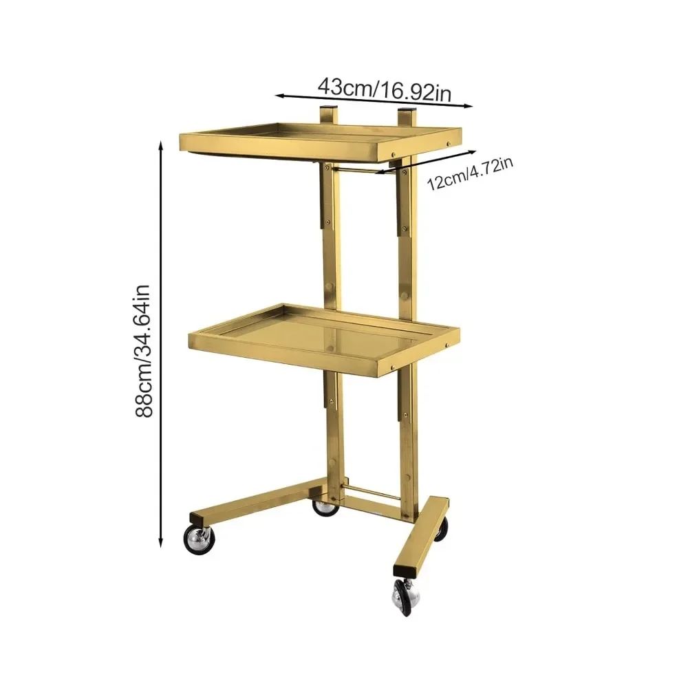 Stainless Steel Salon Cart, 2-layer Metal Salon Tray with Wheels, Foldable Salon Tray Handcart, Stainless Steel Gold Cart (gold)