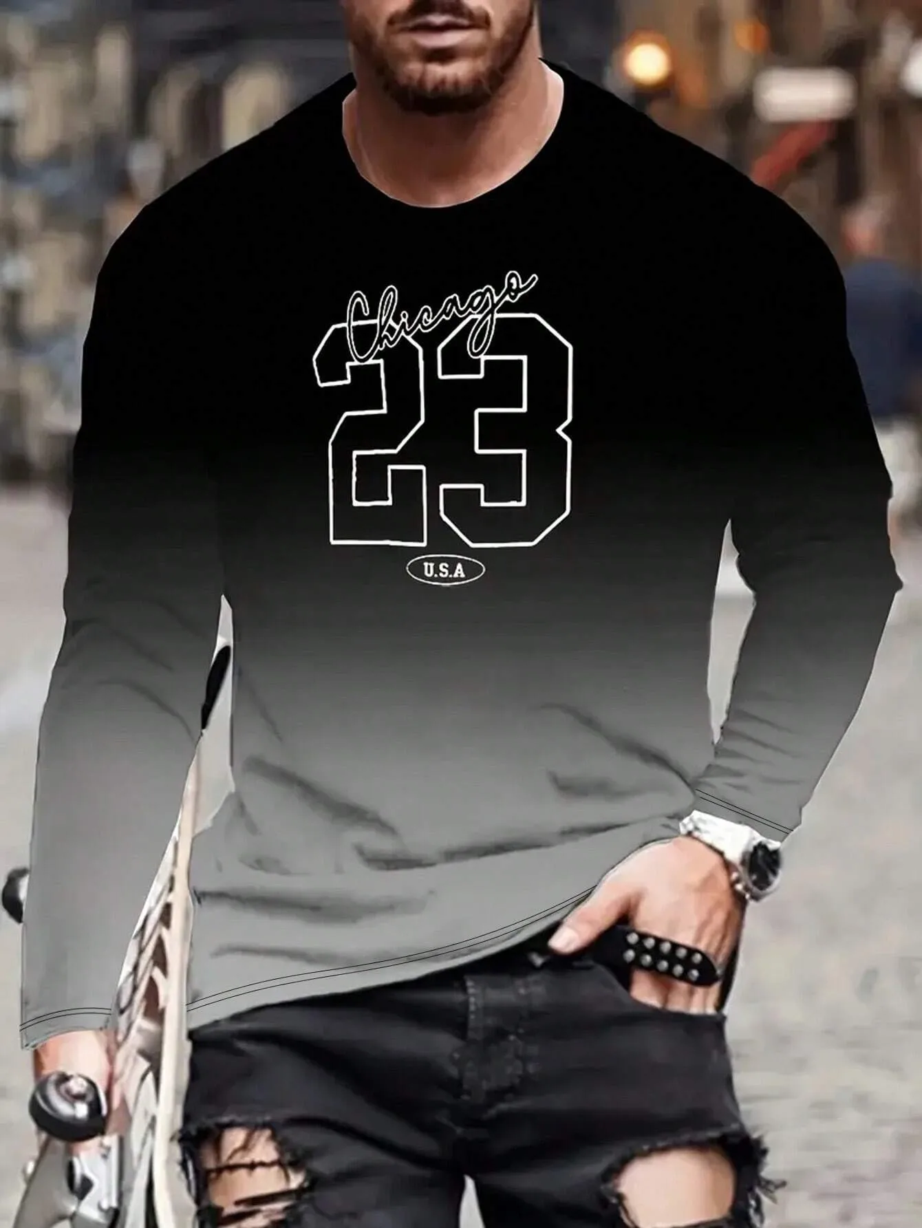 เสื้อยืดแขนยาวผู้ชายรุ่นใหม่สำหรับฤดูใบไม้ผลิและฤดูใบไม้ร่วงปี 2025 มีลักษณะลำลองและสวมใส่สบายด้วยการพิมพ์ลายดิจิทัล 3 มิติ
