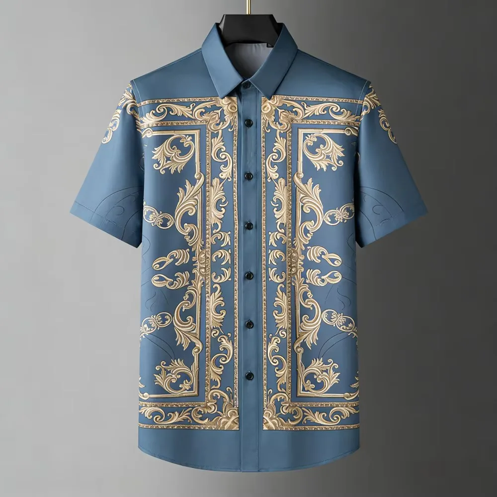 Men's Fashion Retro Breathable Soft Short Sleeve Shirt Gold Pattern Natural 3D Printed Shirt Men's Wedding Casual Party Tops Men