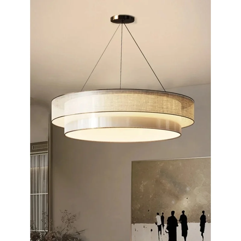 Modern Double Layer Round Pendant Light Beige Linen Fabric Shade Minimalist LED Ceiling Fixture Living Room Dining RoomDecor