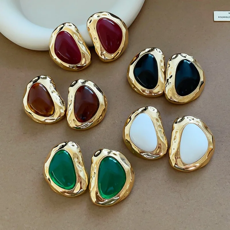 Minar Simple Double Color Resin Metallic Irregular Geometric Oval Drop Earrings for Women Gold Plated Alloy Every Day Jewelry