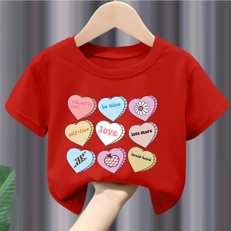 Girls Casual Round Neck Short Sleeve T-shirt Love Letter Printed Round Neck Comfortable Children's Wear Clothes