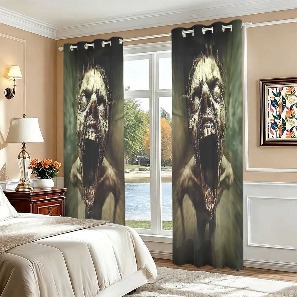 2Pcs Terrifying Double‑Headed Zombie Print Curtains Perforated Holes For Hanging Blackout Privacy Drapes For Living Room Bedr