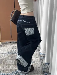 HOUZHOU Y2k pantalones vaqueros holgados bordados para mujer, pantalones vaqueros Vintage a cuadros de retales, pantalones vaqueros coreanos Harajuku dulces de gran tamaño Cutecore