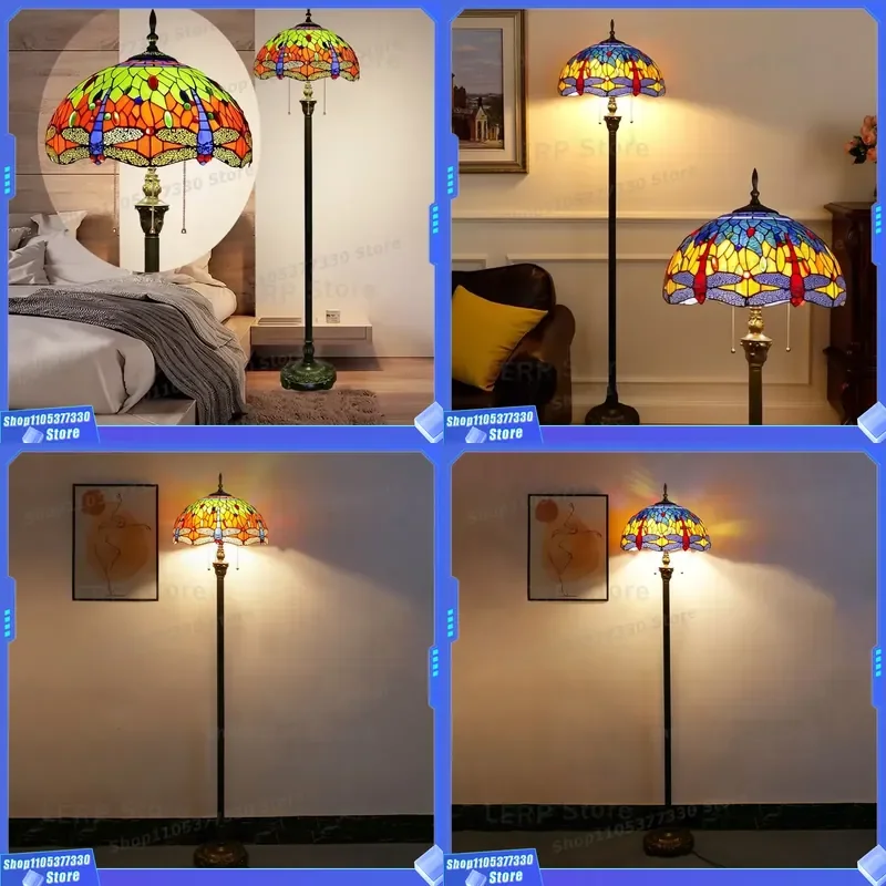Vintage American Style Hotel Stand Floor Lamp European Design Stained Glass Luxury LED Light Source For Indoor Home Decor