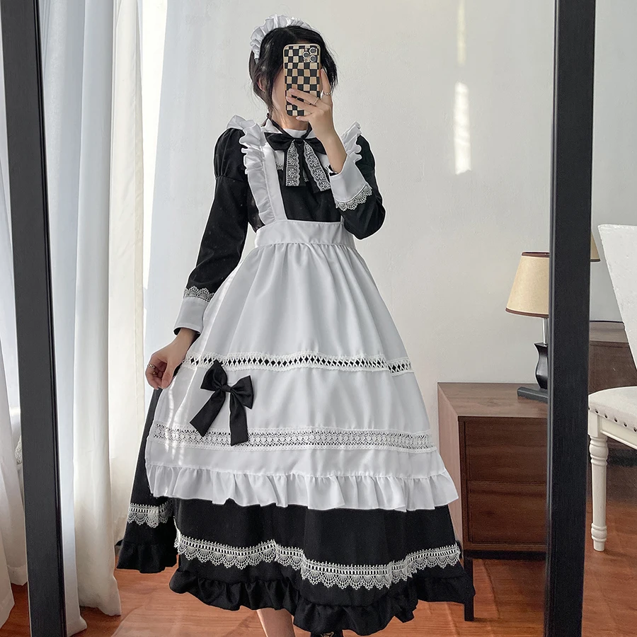 

Lolita Dress Maid Costume British Maid Dress Outfits Long-Sleeve Cute Maid Servant Waiter Apron Uniform Lolita Dresses Plus Size