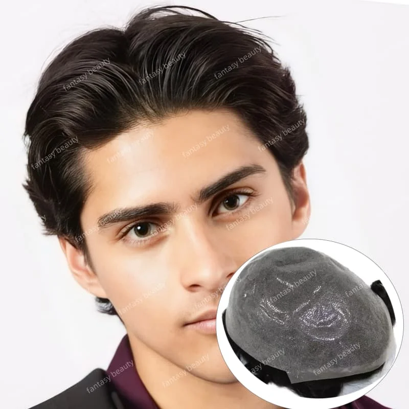 

0.02mm Thickness PU Poly Base men toupee 100% European man human hair 110% -130% density 6 inch men Capillary Prosthesis System