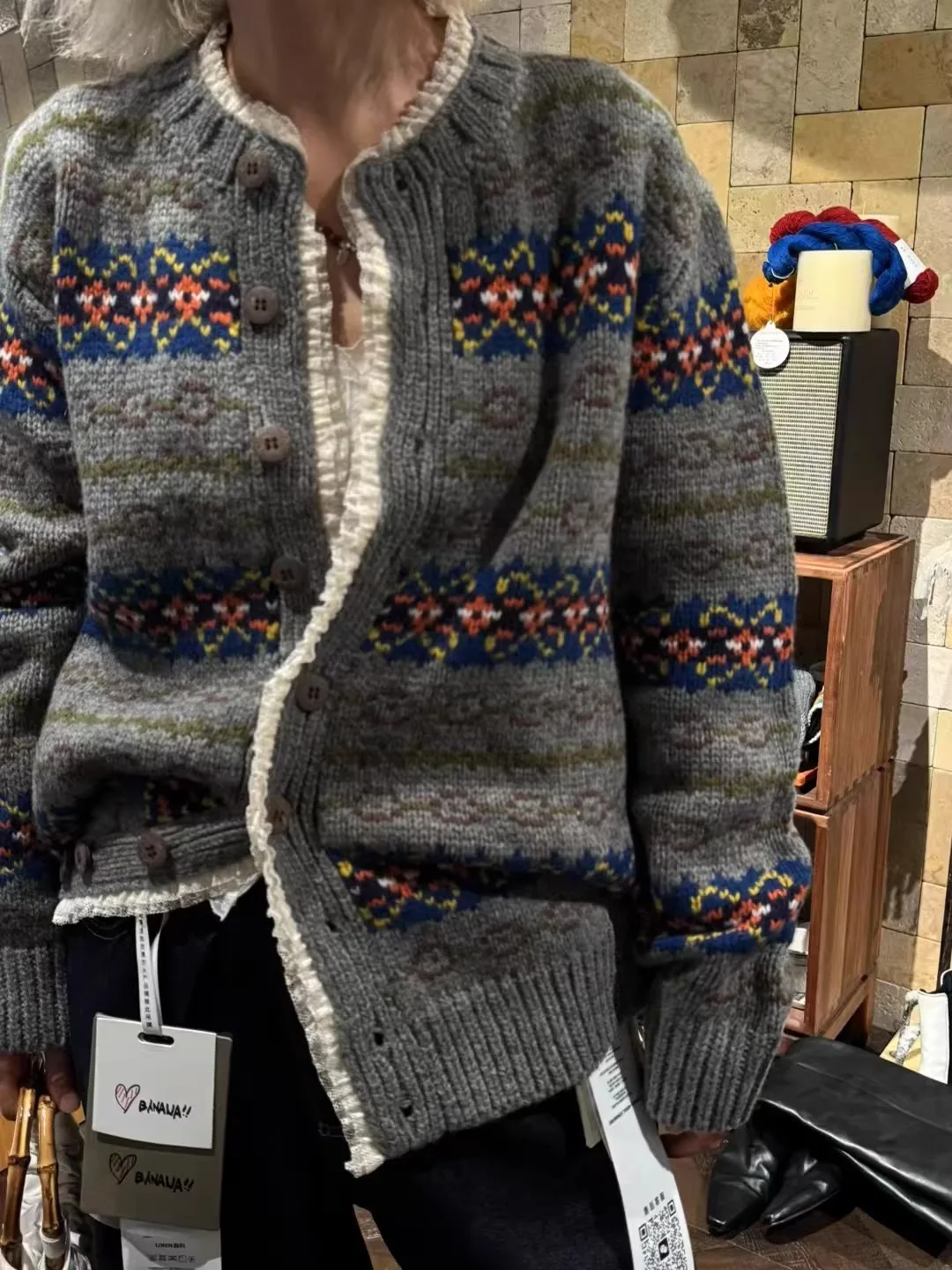 

Retro Sle Long Sve Woolen Knitted Sweater Cardigan with Lace Trim Fair Isle Motif for Women Loose Fit round Ne Button up