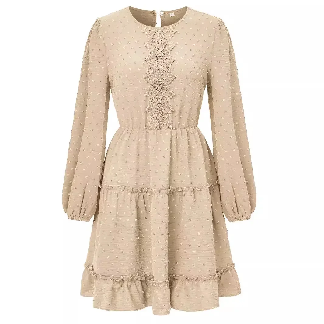 ชุดเดรสสตรีคอกลมผ้าลูกไม้สีทึบเอวสูงชุดมินิเดรสเซ็กซี่ใหม่